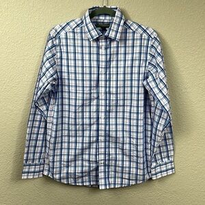 Tommy Hilfiger Flex Plaid Button Front Shirt Long Sleeve Blue White Pink Boys 16